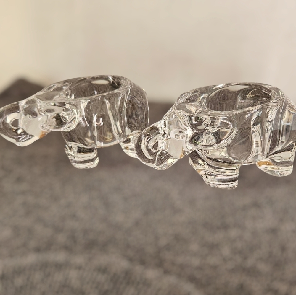 Vintage Matching Pair of Elephant Form Heavy Art Glass Tea Light Candle Holders 